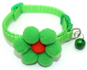 Cute green pet collar with sunflower plush pom-pom and bell for small cats and dogs.