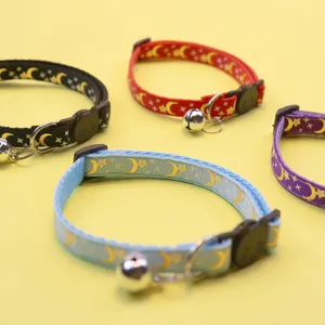 Cute cat collar with moon and star foil print, safety buckle and small bell for pets.