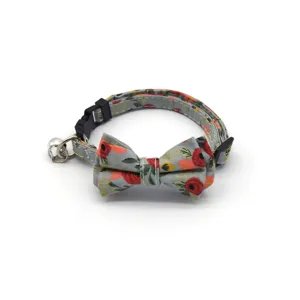 Cute grey floral cat collar with bowknot and bell, adjustable pet safety breakaway collar.