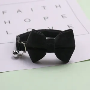 Black velvet pet bow tie collar with bell for cats and small dogs adjustable neck strap