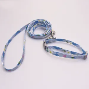 Blue floral pet collar and leash set detail, adjustable buckle, cute dog walking.