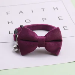 Purple velvet pet collar with bowknot and bell, soft suede kitten necklace for small dogs and cats.
