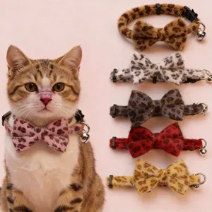 Pet Leopard Print Bowknot Collar Cute Plush Cat Dog Neck Strap With Bell Fashion Adjustable Pet Accessories