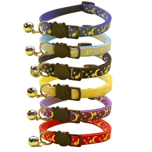 Cute pet cat collar with moon star print, cat buckle and bell, colorful nylon small dog neck strap.