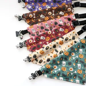 Halloween pet bandana collar with bell, cute ghost pumpkin print bib for dogs and cats.