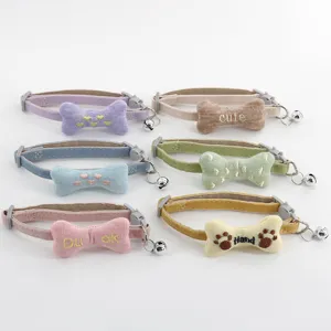 Cute Cartoon Bone Embroidery PU Leather Pet Collar Cat Dog Neck Strap Daily Decorative Pet Accessories