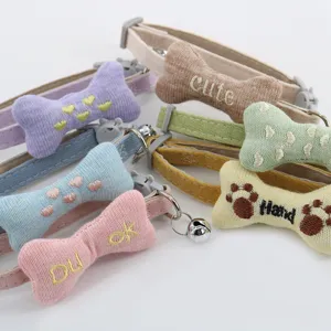Cute pet collar for cats and dogs, soft knitted stuffed bone pendant with bell and durable strap.