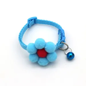 Blue pet collar with cute plush sunflower and small bell for cats and small dogs daily wear.