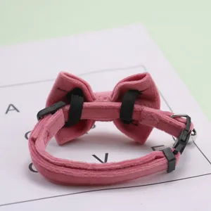 Pink velvet pet collar with bow and bell, soft suede kitten neck strap for small dogs and cats.