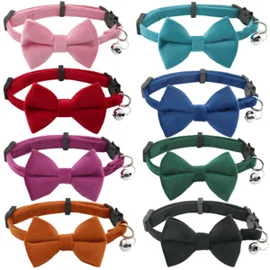 Velvet bow pet collar for cats and small dogs with bell, soft suede adjustable neck strap.
