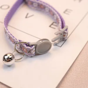 Purple floral pet collar with safety buckle and silver bell for cute cats and dogs small pets.