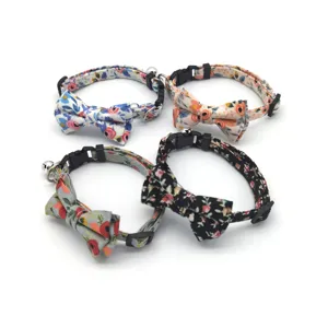 Cute floral cat collar with bow and bell safety quick release buckle 4pcs set for lovely pets.