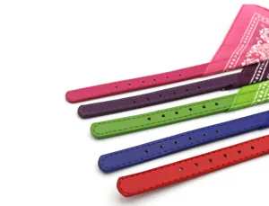 Detailed view of colorful pet bandana collar with adjustable leather strap for small dogs cats.