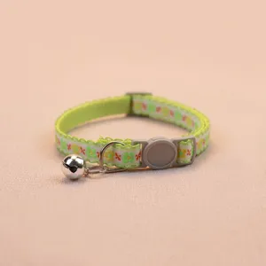 Green floral pet cat dog collar with safety buckle and cute metal bell detail shot