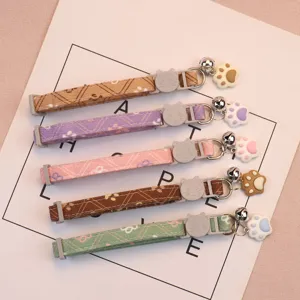 Adjustable Pet Collar Cat Dog Neck Strap With Bell Cute Paw Print Design Soft Cotton Blend Pet Accessories For Small Medium Pets