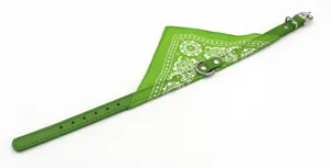 Green leather pet collar with paisley bandana, adjustable collar for small dogs and cats daily.