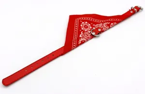 Red pet bandana detail, adjustable leather collar with metal D-ring for small puppies.