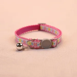 Pink floral pet collar with safety buckle and bell for cats and small dogs daily wear