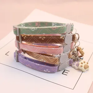Cute pet cat collar with bell and paw print charm adjustable safety buckle soft fabric
