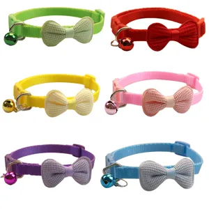 Cute pet collar with bow tie and bell for cats and small dogs, adjustable nylon cat collar.