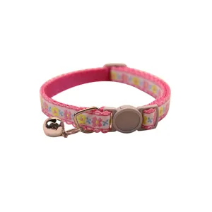 Pink floral cat collar with safety buckle and bell, cute kitten necklace main image display.