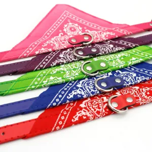 Colorful pet bandana collar set for small dogs and cats with D-ring and paisley pattern.