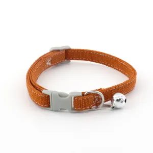Orange woven pet cat collar with cute bell, adjustable buckle and metal D-ring for daily use.
