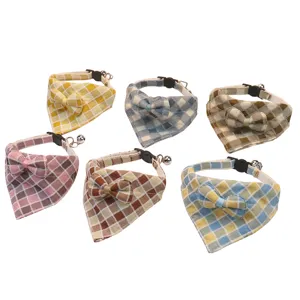 Cute plaid pet bib and collar with bowknot and bell, soft cotton fabric for cats dogs.