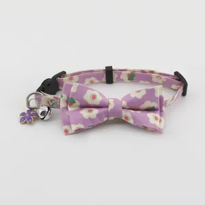 Purple floral pet collar with cute bowknot, bell and flower pendant for cats and dogs.