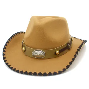 Khaki felt western cowboy hat with wide brim, leather band and metal bull head buckle detail.