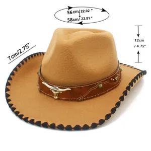 Cappello da cowboy in feltro stile occidentale con fascia in pelle di teschio di toro, jazz.