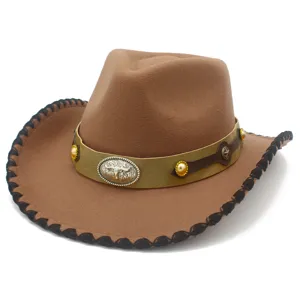 Premium brown wool western cowboy hat with wide brim, silver bull buckle and decorative belt.