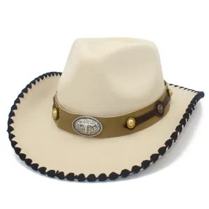Retro western wide brim cowboy felt hat with vintage metal bull head buckle and black stitched edge.