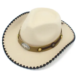 Detailed shot of beige cowboy hat featuring brown belt, bull buckle and black brim edge.