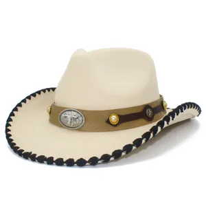 Beige woolen western cowboy hat with brown leather band, metal bull skull buckle and black trim.