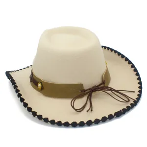 Wide brim woolen cowboy hat with retro cord and pearl buckle for women and men fashion.