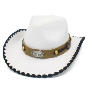 Close-up detail of the white vintage cowboy hat featuring black whipstitch brim and bull buckle.