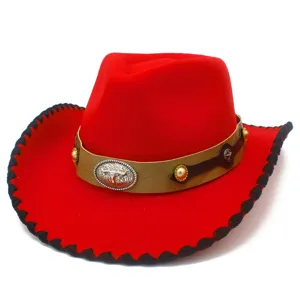 Red wool cowboy hat with silver bull skull buckle and wide brim for fashion styling.