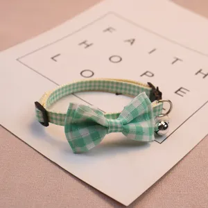 Green plaid pet collar with cute bow and bell, adjustable dog cat collar for small animals.