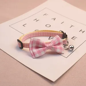 Pink plaid pet collar with cute bow and metal bell for small cats and dogs daily wear