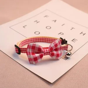 Cute red white grid pet collar with bowknot and bell, perfect for cats and small dogs daily wear.