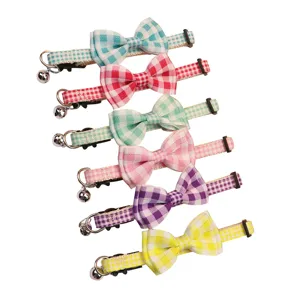 Cute plaid bow pet collar with bell, adjustable neck strap for small cats and dogs, multicolor.