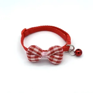 Cute red plaid pet collar with bow and bell for cats and small dogs main product view