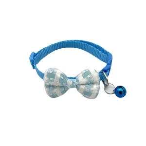 Blue plaid pet collar with bowknot and bell, cute neck strap for cats and small dogs.