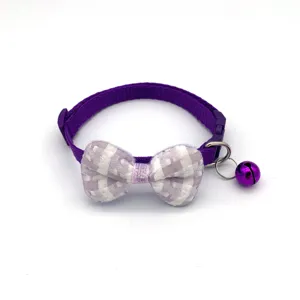 Purple pet collar with cute plaid bow tie and bell, adjustable for cats and small dogs.
