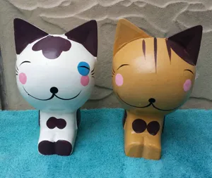 Handmade wooden cat ornaments set of two, cute hand-painted desktop decor for home gift.