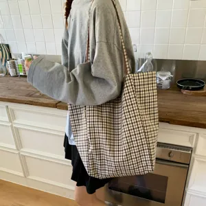 Borsa shopper in tela a quadri stile coreano leggera grande capacità borsa spalla