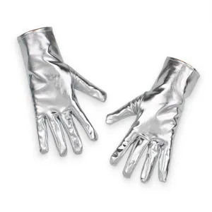 Silver metallic shiny short gloves for stage performance, dance, party, and costume dress up.