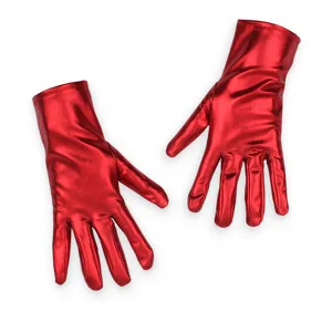 Glossy red metallic short gloves detail, perfect for stage performance, dance, and dress up parties.