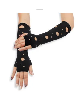 Black punk distressed fingerless gloves detail shot, edgy goth arm warmers for party wear.